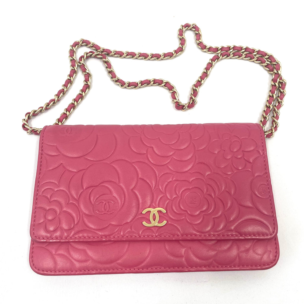 Chanel Pink Camellia Embossed Leather Chain Wallet/Crossbody Bag