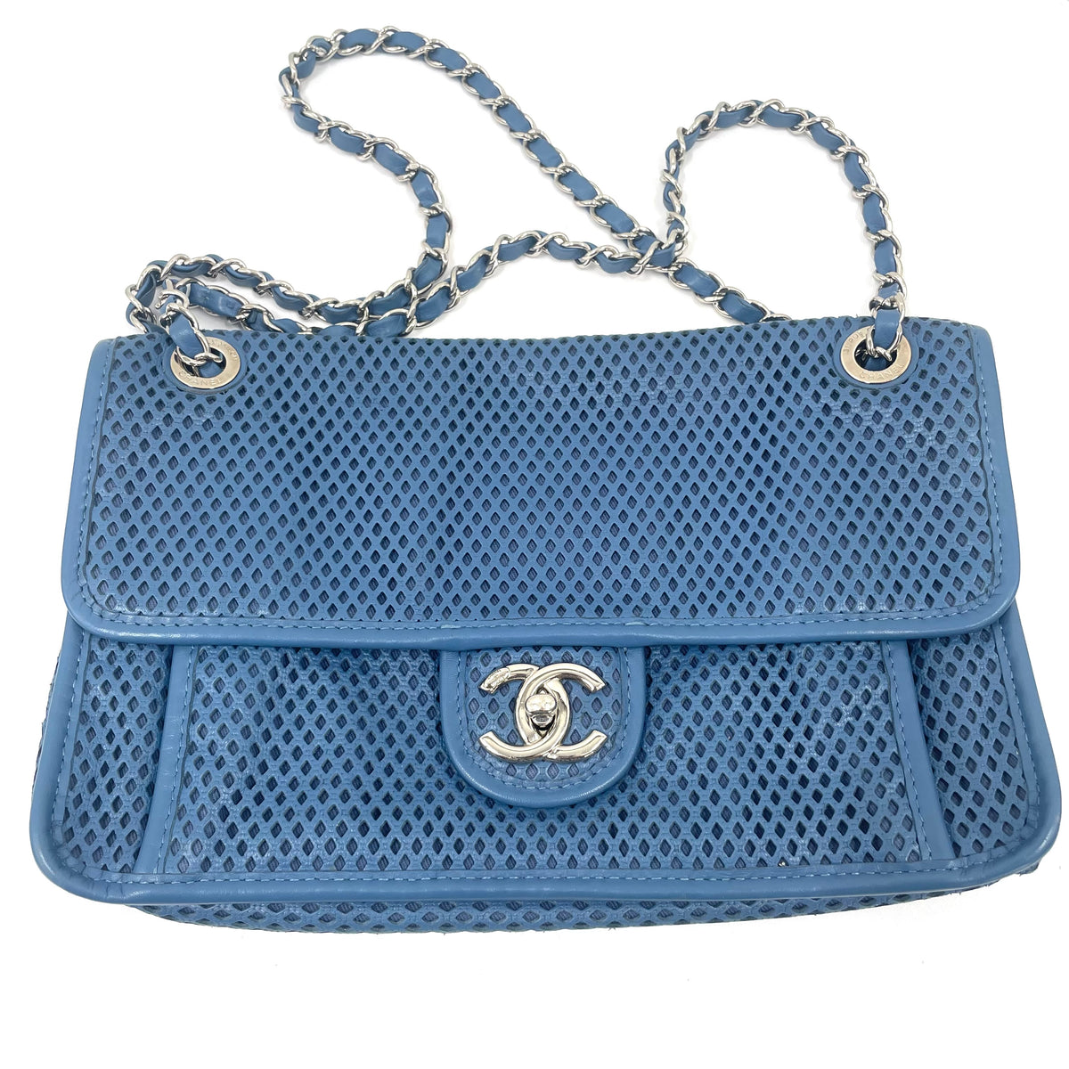 Chanel Blue Perforated Leather Classic Flap Chain Shoulder Bag