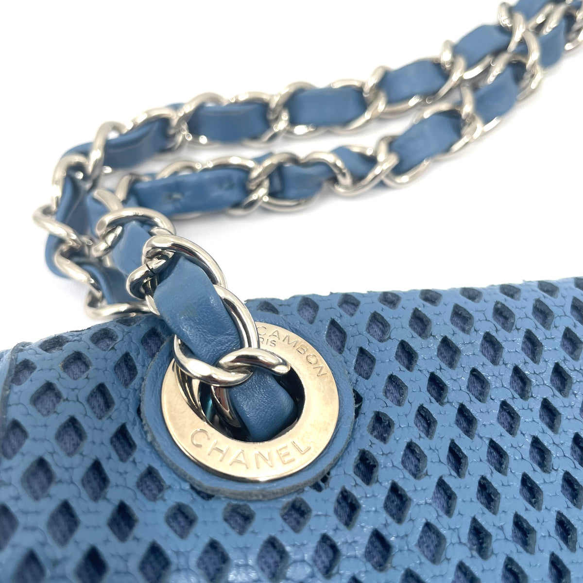 Chanel Blue Perforated Leather Classic Flap Chain Shoulder Bag