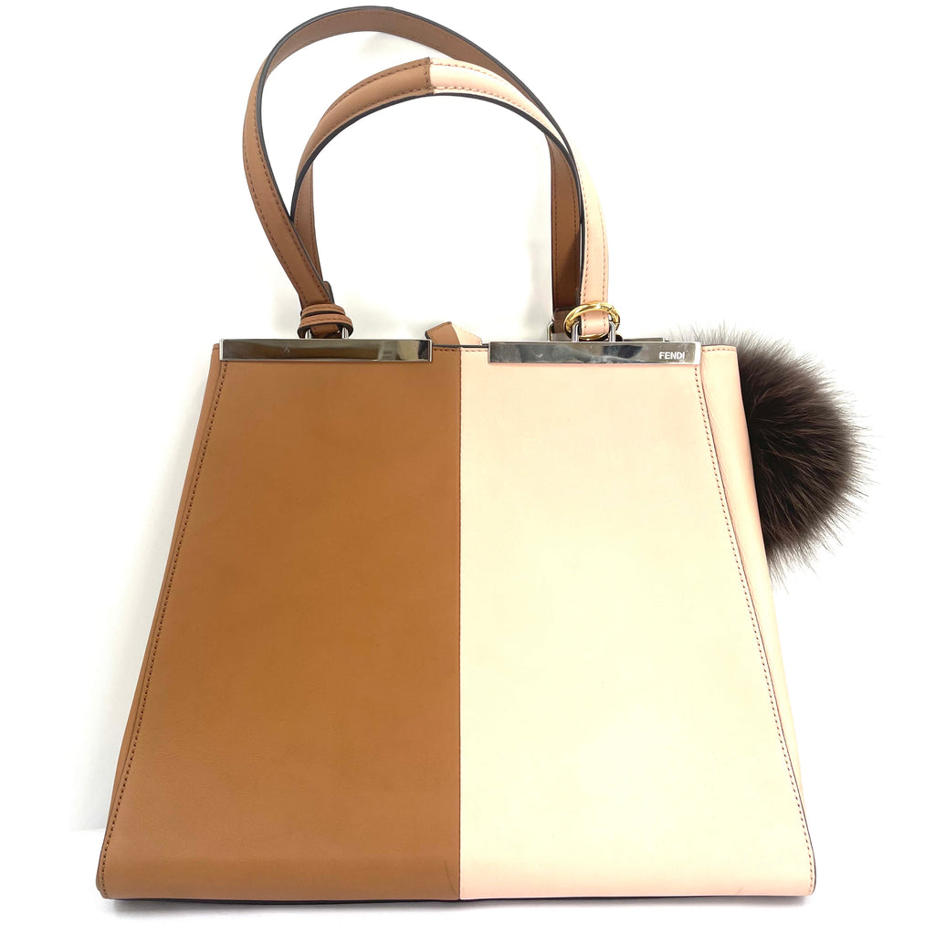 Fendi 'Petite 2Jours' Colour Block Leather Tote Bag with Fur Charm