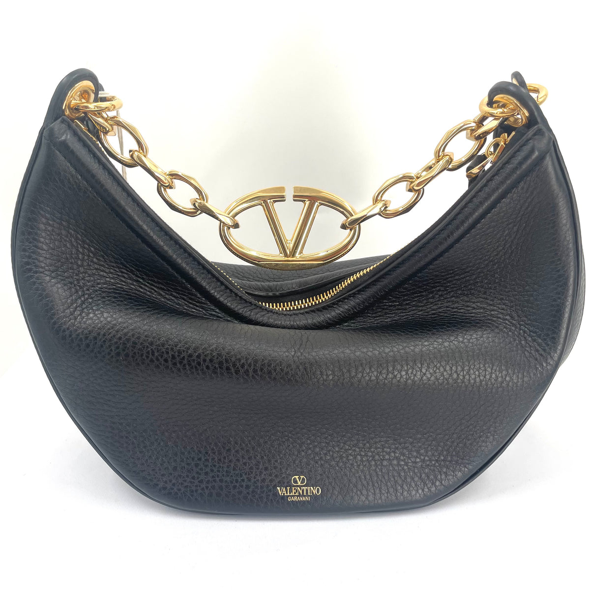 Valentino Garavani VLogo Chain Hobo Shoulder Bag Black Grained Leather
