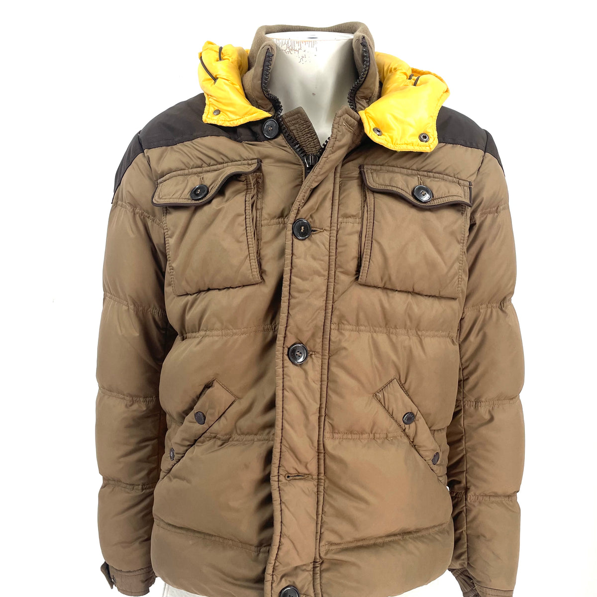 Moncler Brown Quilted Puffer Jacket with Yellow Hood