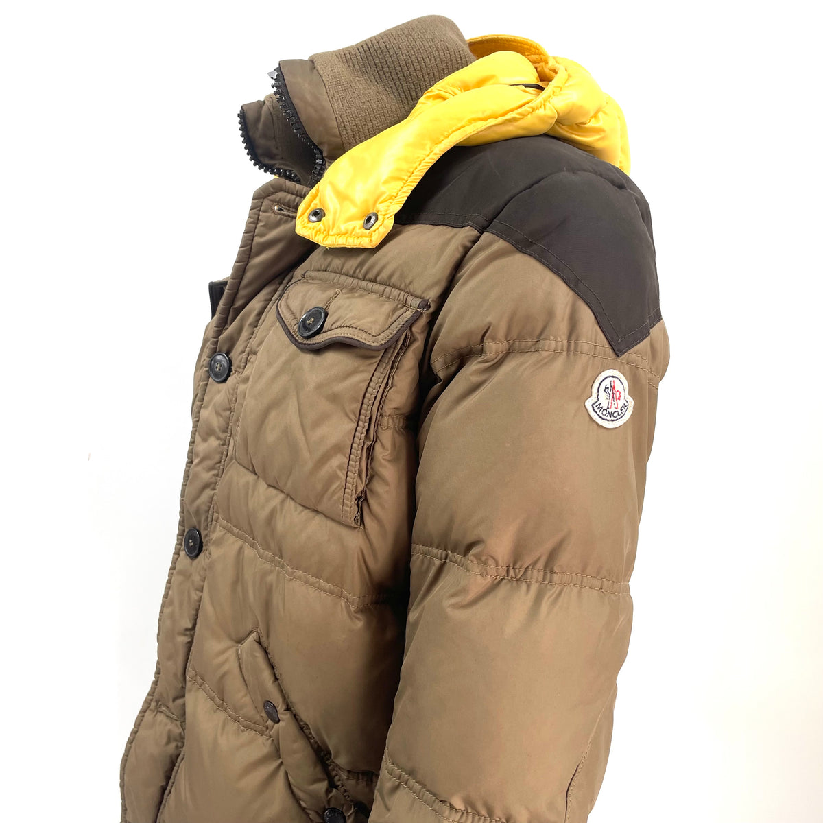 Moncler Brown Quilted Puffer Jacket with Yellow Hood