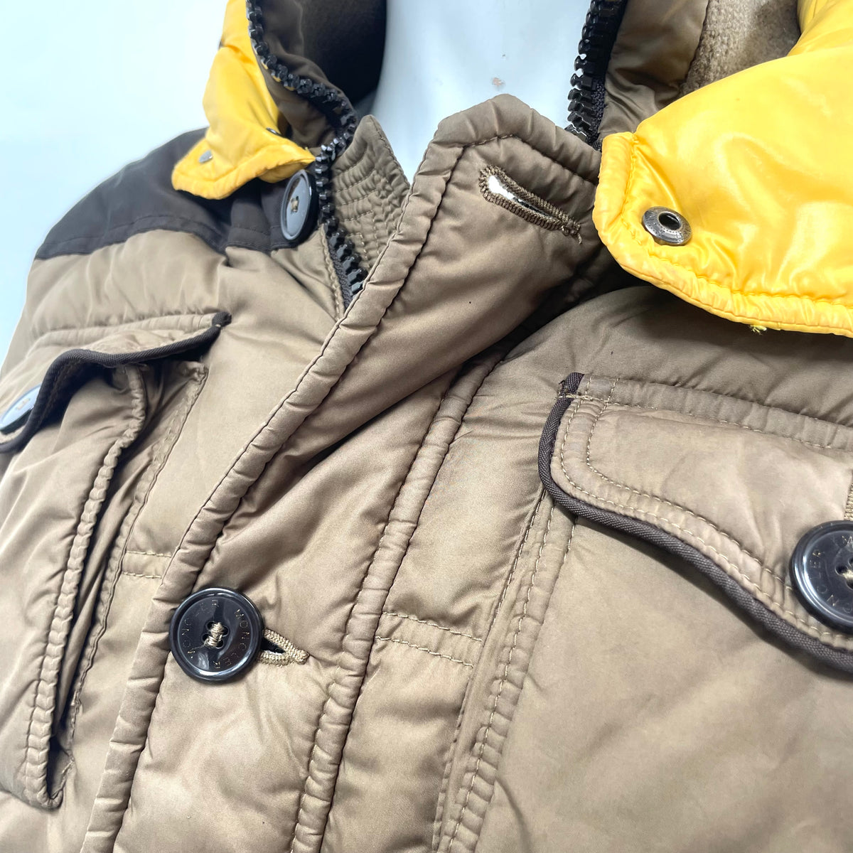 Moncler Brown Quilted Puffer Jacket with Yellow Hood