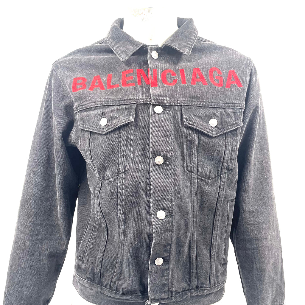 Balenciaga Black Denim Jacket with Red Logo