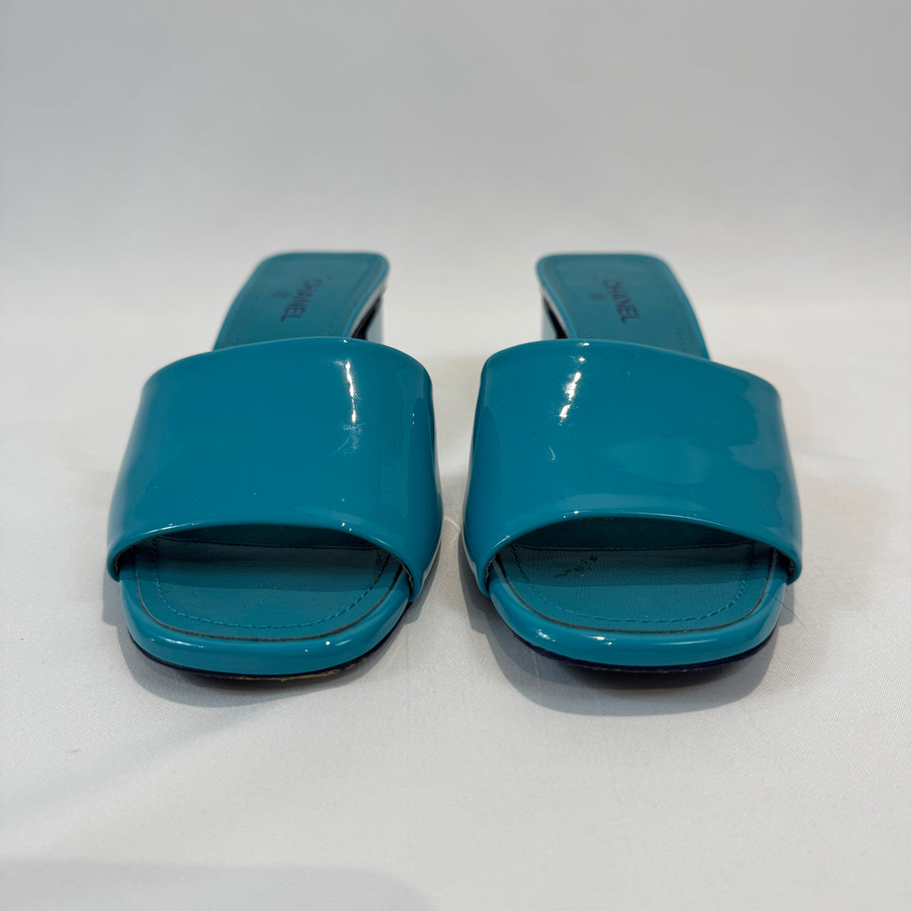 Chanel Patent Leather Block Heel Mule Sandals in Turquoise