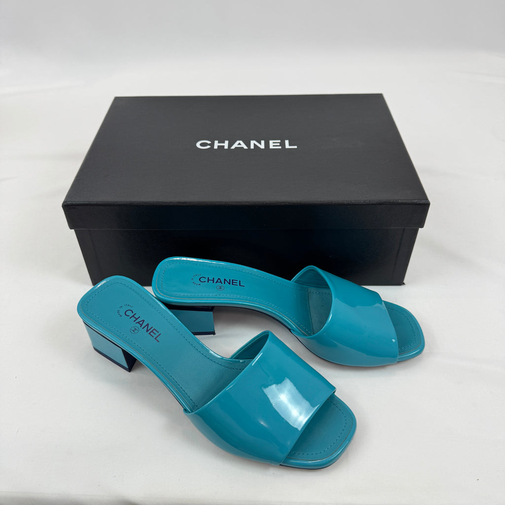 Chanel Patent Leather Block Heel Mule Sandals in Turquoise