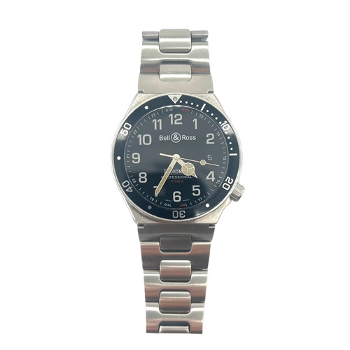 Bell and Ross watch with a metal band, black bezel and face, silver hands, white numerals on a white background with extra straps.