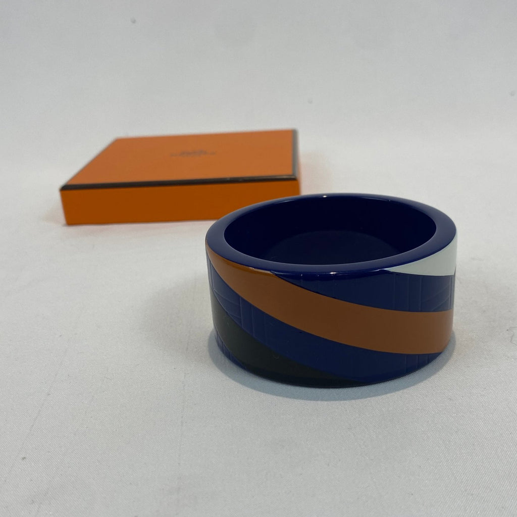 Hermès Wide Striped Lacquer Bangle Navy Caramel