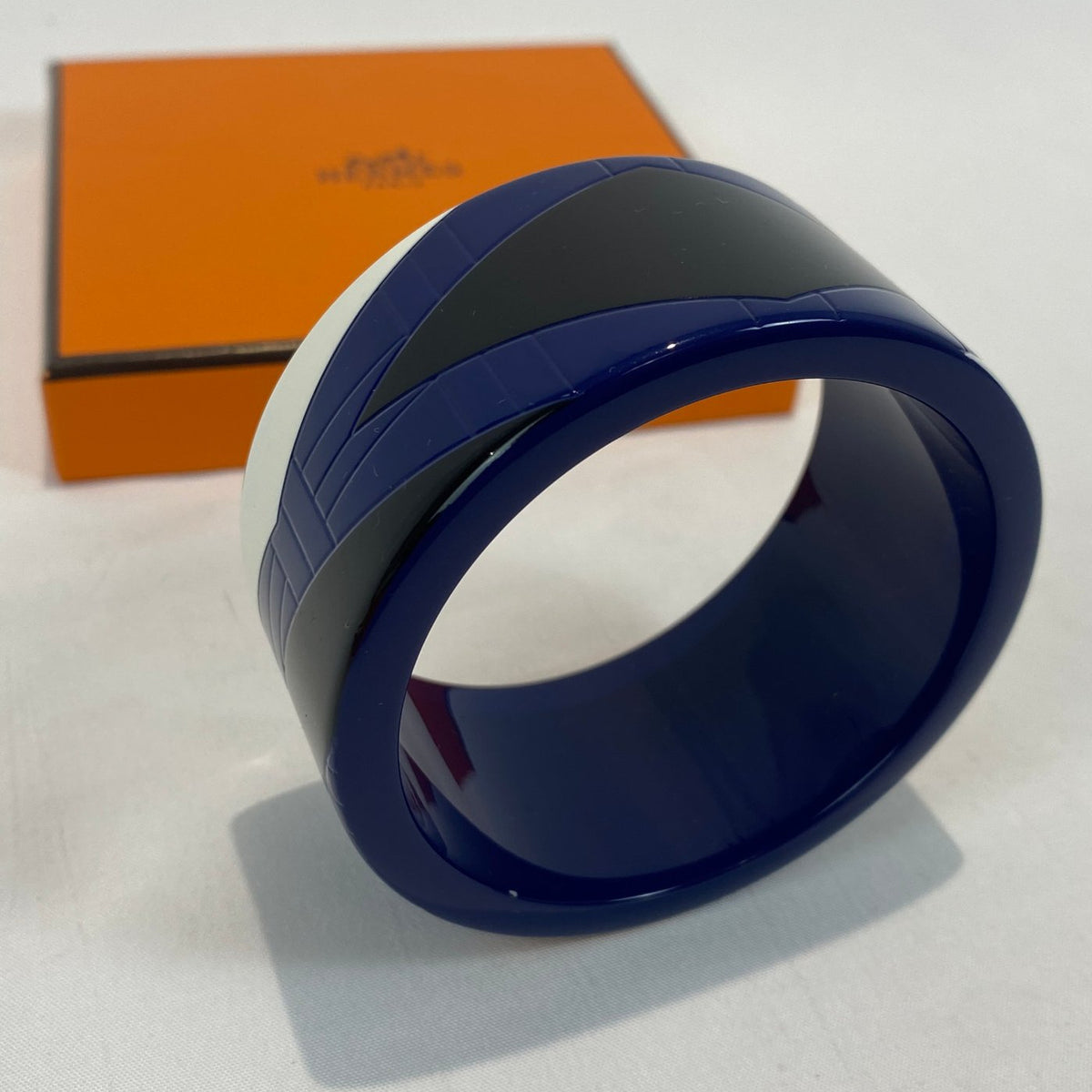 Hermès Wide Striped Lacquer Bangle Navy Caramel