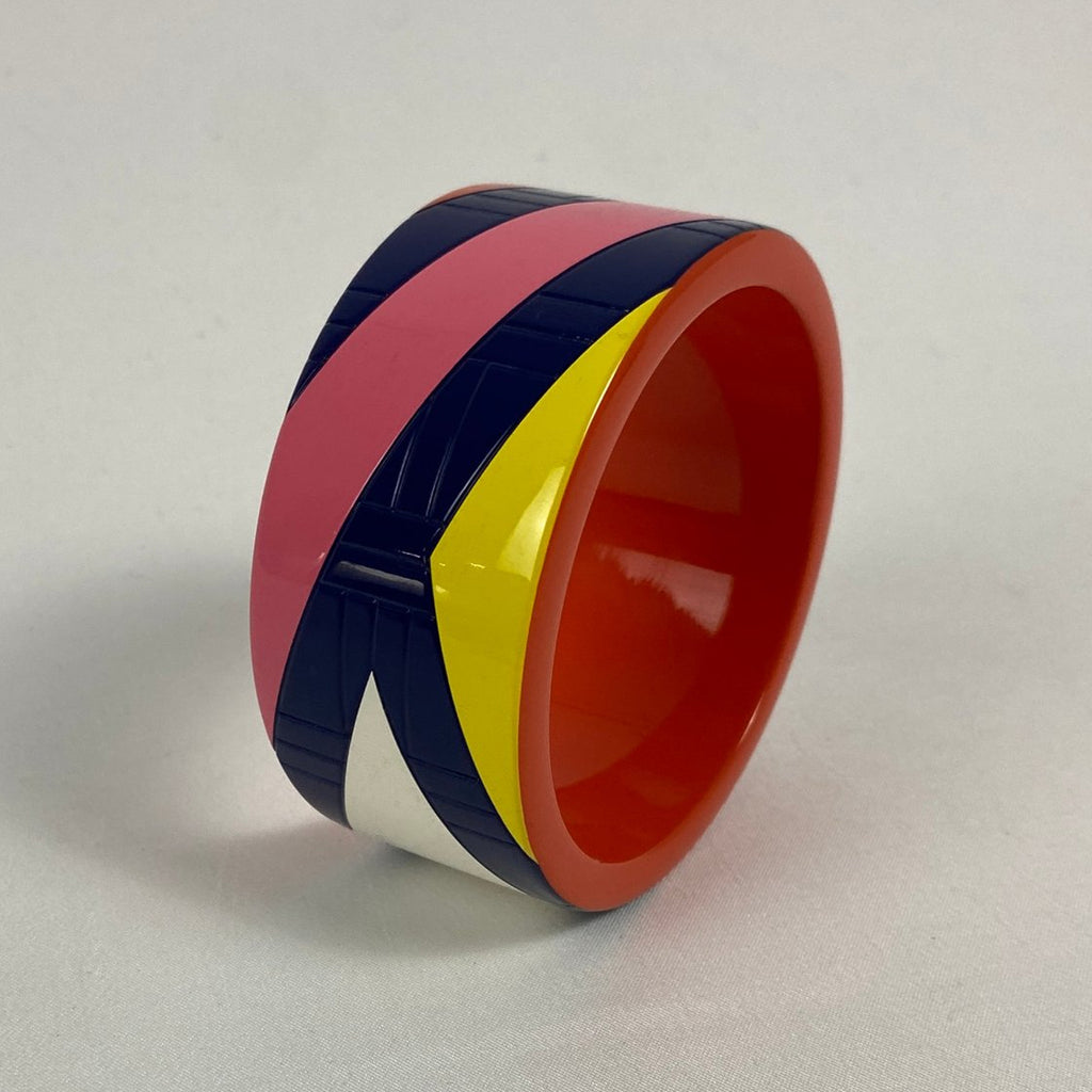 Hermès Wide Striped Lacquer Bangle Orange Navy Pink